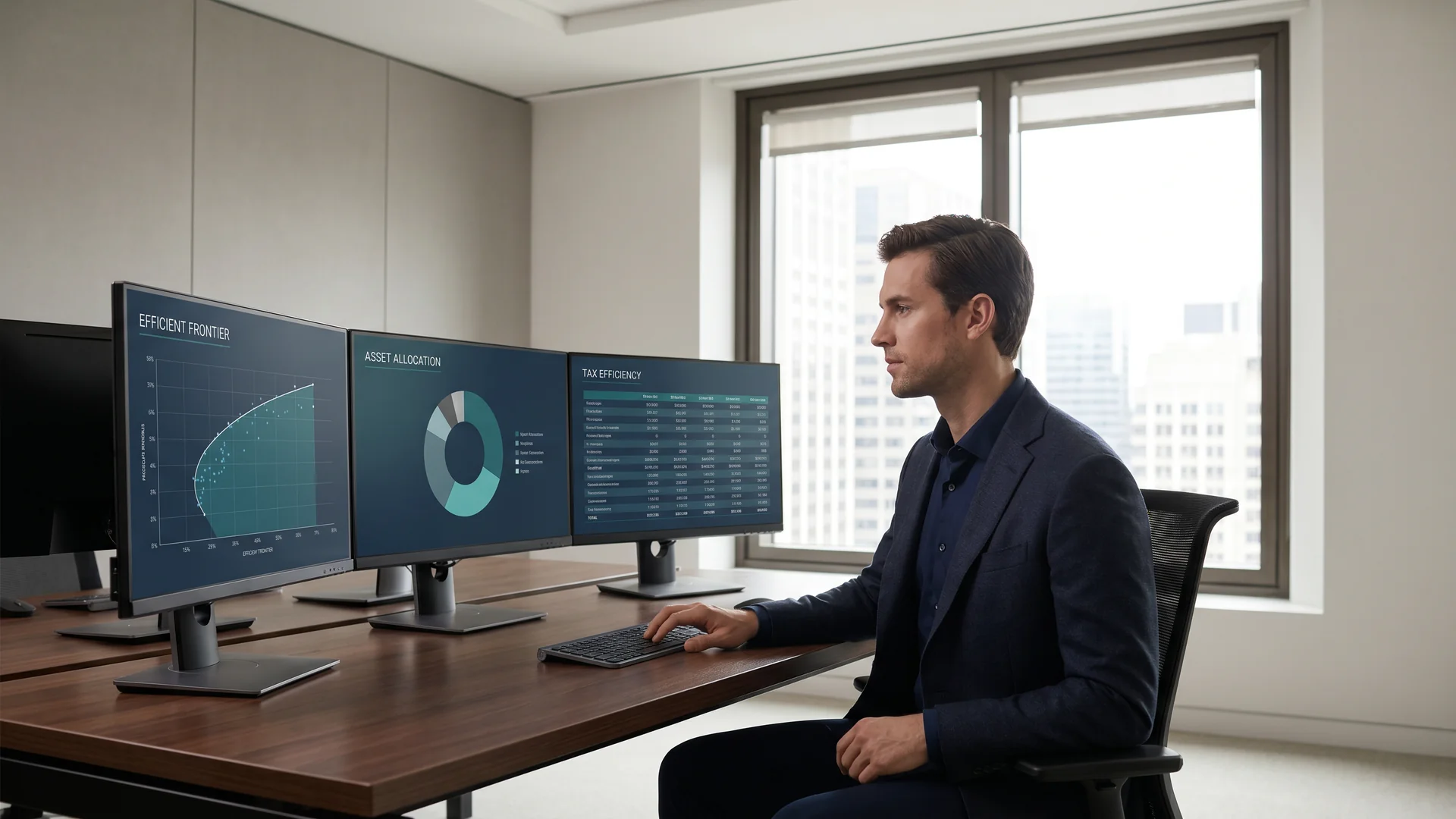 Financial analyst reviewing multi-screen portfolio dashboard